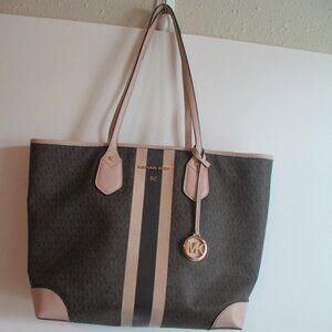 Michael Kors Eva Large Bag Purse Tote Canvas Brown Leather Trim Has initials SC